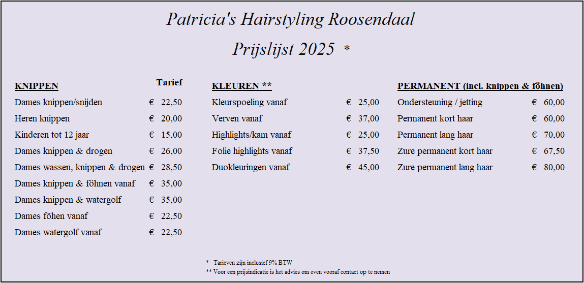 Prijslijst 2025 website